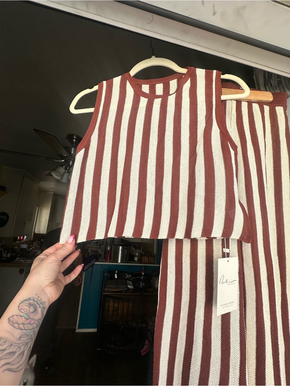 Striped Wide-Leg Knit Pants and Top (set) in Burgundy & White - Picture 3 of 7